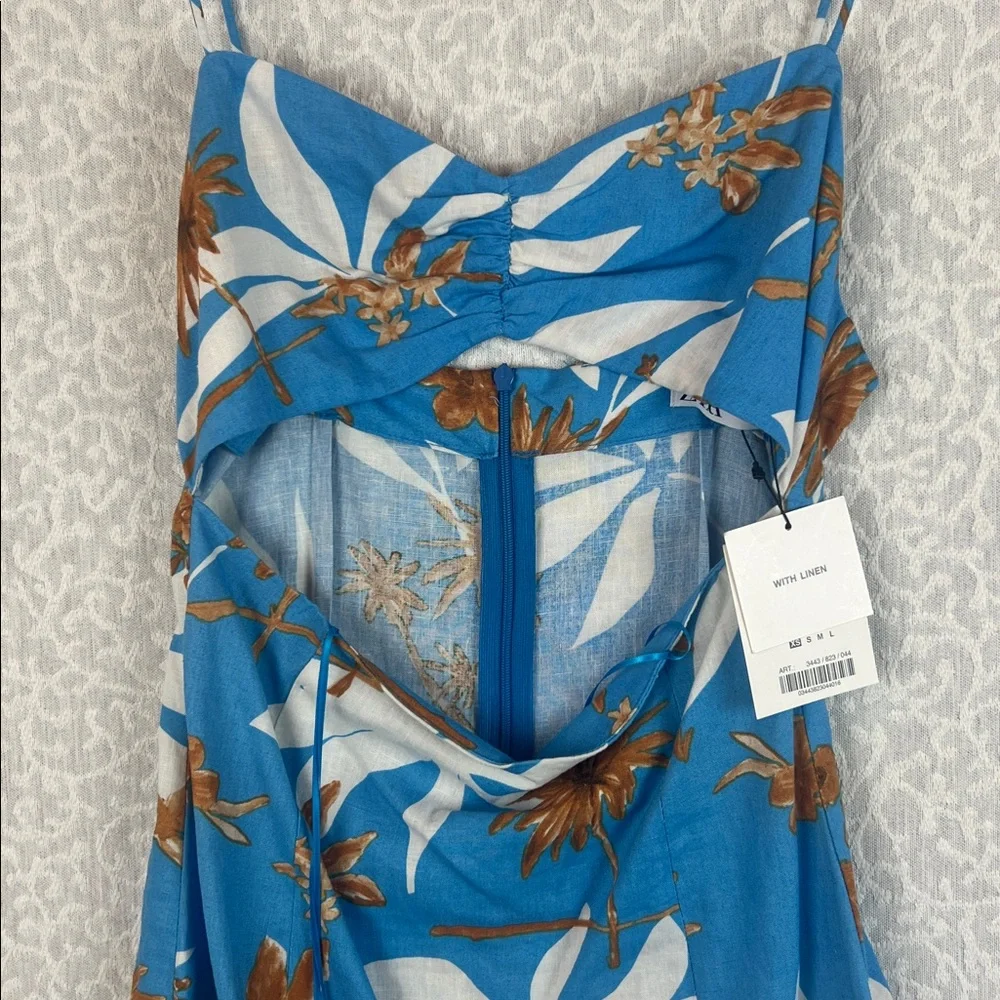 ZARA BLUE LINEN BLEND FLORAL PRINTED MIDI DRESS WITH CUT-OUT DETAIL Sz. XS NEW